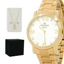 Relógio Analógico Feminino Champion Dourado Elegance Casual Original Prova D'água Garantia 1 ano + Colar e Brinco