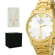 Relógio Analógico Feminino Champion Dourado Elegance Original Prova D'água Garantia 1 ano + Colar e Brinco