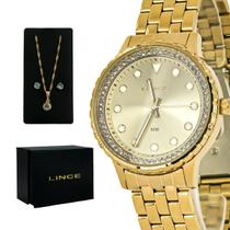 Relógio Analógico Feminino Lince Dourado Casual Original Prova D'água Garantia 1 ano + Kit Colar e Brinco