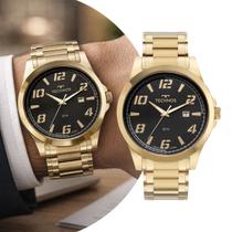Relógio Analógico Masculino Dourado e Preto com Caixa e Pulseira de Aço Inoxidável à Prova D Água Luxo Technos