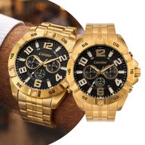 Relógio Analógico Masculino Dourado e Preto com Caixa e Pulseira de Aço Inoxidável com Cronógrafo à Prova D Água Robusto Grande Condor Relógio Analógico Masculino Dourado e Preto com Caixa e Pulseira de Aço Inoxidável com Cronógrafo à Prova D Água Robusto Grande Condor