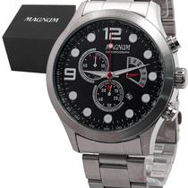 Relógio Analógico Masculino Magnum Tachymeter Prata Cronógrafo Original Prova D'água Garantia 2 anos