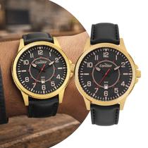 Relógio Analógico Masculino Preto e Dourado com Caixa de Aço Inoxidável e Pulseira de Couro à Prova D Água com Calendário Luxo Condor