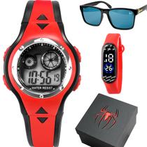 Relogio Aranha Led Infantil Digital + Caixa + Oculos Sol original menino data criança silicone luz homem aranha vermelho