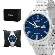 Relógio Automático Masculino Citizen Prata Mostrador Azul Social Original Prova D'água Garantia 2 anos TZ20804F