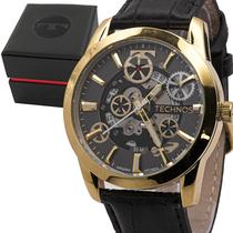 Relógio Automático Masculino Technos Dourado Couro Original Prova D'água Garantia 1 Ano 8205OK/0P