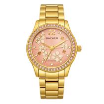 Relógio Backer Feminino Dourado Fund Rosa Analógico 3003145F