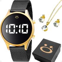 Relogio Banhado Aço Digital Feminino + Colar Brincos dourado preto original casual inoxidavel silicone moda strass Relogio Banhado Aço Digital Feminino + Colar Brincos dourado preto original casual inoxidavel silicone moda strass