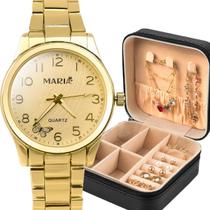 Relogio Banhado Aco Feminino + Porta Joia casual brincos dourado original silicone ajustavel social presente