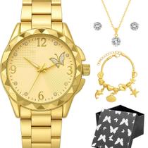Relogio Banhado Aco Inox Feminino + Pulseira Colar dourado moda presente pingente qualidade premium perola casual