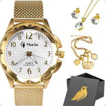 relogio banhado feminino aço inox + caixa + colar pulseira coruja dourado social moda prova dagua original casual