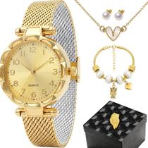 Relogio Banhado Feminino Aço Inox + Pulseira Colar + Caixa moda pulseira ajustavel folheado delicado dourado presente Relogio Banhado Feminino Aço Inox + Pulseira Colar + Caixa moda pulseira ajustavel folheado delicado dourado presente
