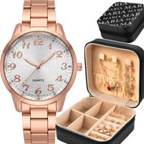 Relogio Banhado Feminino Aco + Pulseira Colar + Porta Joia social presente anel colar original casual pulseira brincos