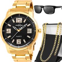 relogio banhado masculino aço inox dourado + oculos sol + cordao acetato proteção uv robusto casual