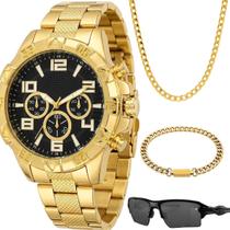 relogio banhado masculino + puseira + oculos sol + cordão aço inoxidável proteção uv casual ouro social folheado 18k