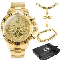 Relogio banhado ouro + pulseira + cordão cruz + caixa original social casual presente grande robusto