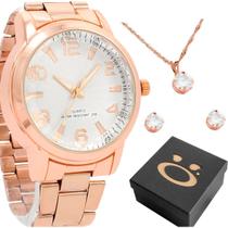 relogio banhado rose feminino + colar brincos strass + caixa social strass aço inoxidável ponteiro