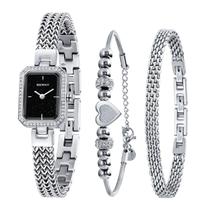 Relógio BERNY Silver para mulheres com conjunto de pulseiras com mostrador preto Relógio BERNY Silver para mulheres com conjunto de pulseiras com mostrador preto