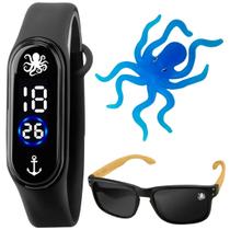 Relógio Bracelete Digital Led Menino Prova D'água Infantil + Óculos Sol Preto Proteção Uv Garantia