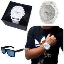 Relógio Branco Masculino Grande + Corrente Prata + Óculos - dibarato