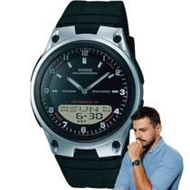 Relógio Casio Agenda Telefonica Hora Mundial Masculino Prova Dágua 50 Metros Resina 3 Alarmes World Time Analógico Digital Esportivo Preto AW-80-1AVDF