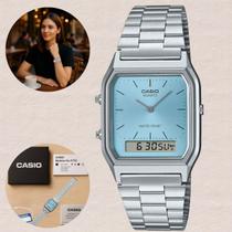 Relógio Casio Anadigi Vintage Prata AQ230A 2A1MQYD Hora Dual Digital Analógico Alarme Cronômetro Resistência à Água Pulseira Inox