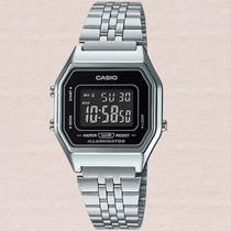 Relógio Casio Feminino Digital Vintage Prata LA680WA-1BDF Pulseira Aço Inox Luz LED Cronômetro