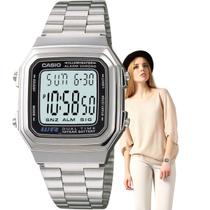 Relógio Casio Feminino Masculino Unissex Resistente Água Aço Inox Digital Vintage Casual Prata A178WA-1ADF