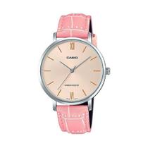 Relógio Casio LTP-VT01L-4B feminino com mostrador pêssego em couro rosa