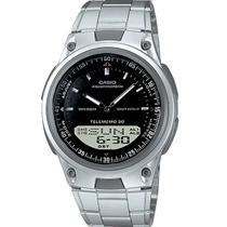 Relógio Casio Masculino Anadigi Agenda Telefônica Hora Mundial Prova Dágua Pulseira Aço Inox Casual Prata AW-80D-1AVDF