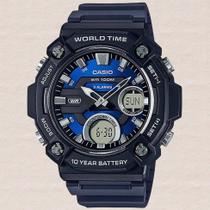 Relógio Casio Masculino Anadigi Azul World Time Redondo Esportivo Aeq-120w-2avdf