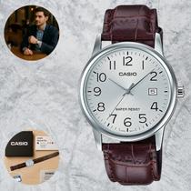 Relógio Casio Masculino analógico Social casual Prata Pulseira Couro Legítimo com Data e Resistência à Água 3ATM visor clean