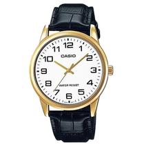 Relógio Casio Masculino Dourado Fundo Branco Couro MTP-V001GL-7BUDF