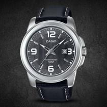 Relogio Casio Masculino MTP-1314PL-8AV Couro Preto Mostrador Cinza Aco Inox Casual Resistente Água 50 ATM