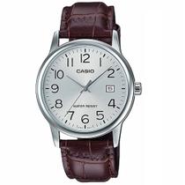 Relógio CASIO masculino prata couro marrom MTP-V002L-7B2UDF