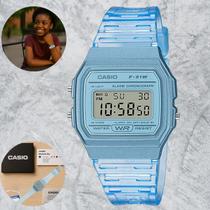 Relógio Casio Retrô F91WS2DF Azul Transparente Digital Feminino Juvenil Infantil Cronômetro Escolar Resistente Água Alarme