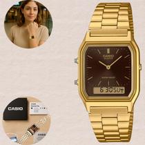 Relógio Casio Unissex AQ-230GA Dourado Anadigi Digital Analógico Casual Quadrado Aço Inóx Social Classico Vintage Resistente Água 3ATM