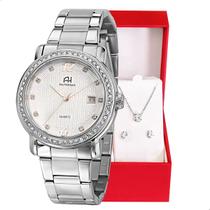 Relógio Champion Ana Hickmann Analógico Aço Prata Prova D'Água AH28615Q Kit Colar e Brincos