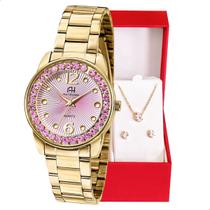 Relógio Champion Ana Hickmann Analógico Dourado Rosa AH28875H Kit Colar e Brincos