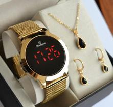 Relogio Champion Dourado Digital Redondo Led Vermelho CH40106H + Kit Semi Joia