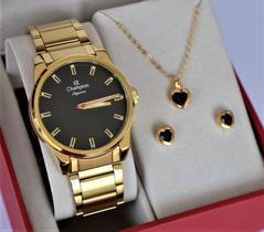 Relogio champion dourado feminino visor preto cn27590u + semi joia Relogio champion dourado feminino visor preto cn27590u + semi joia