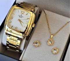 Relogio champion dourado quadrado grande cn28731w + kit semi joia Relogio champion dourado quadrado grande cn28731w + kit semi joia