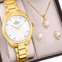 Relógio champion elegance feminino dourado com cristais cn25681w kit colar e par ede brincos