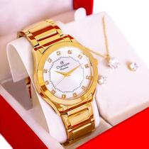 Relógio Champion Feminino Analógico Dourado CH24759W  Colar e Brincos