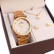 Relógio Champion Feminino Analógico Dourado CN29025W + Colar e Brincos