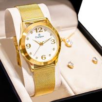 Relógio Champion Feminino Analógico Dourado CN29098W + Kit de Brincos e Colar