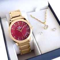 Relógio Champion Feminino Analógico Dourado + Colar e Brincos CN29409X