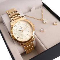 Relógio Champion Feminino Analógico Dourado + Colar e Brincos - Garantia de Um Ano