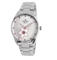 Relógio Champion Feminino com Semi Joia - Prata Fundo Branco Floral