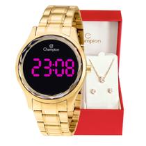 Relógio Champion Feminino Digital Dourado CH48019H Colar e Brincos
